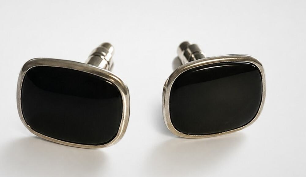 Black Cuff Links‎ Vintage Mid-century Silver Tone Rectangle CuffLinks Men's cl-